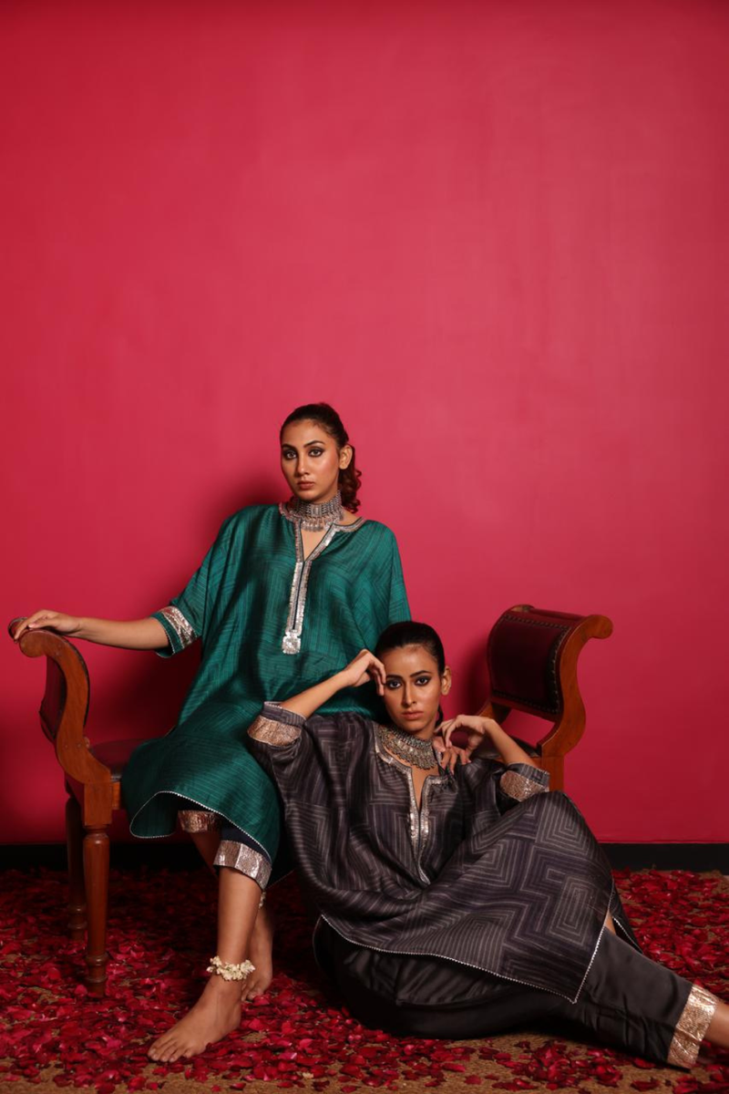 Geometric Print Tussore Kurta & Pant Set