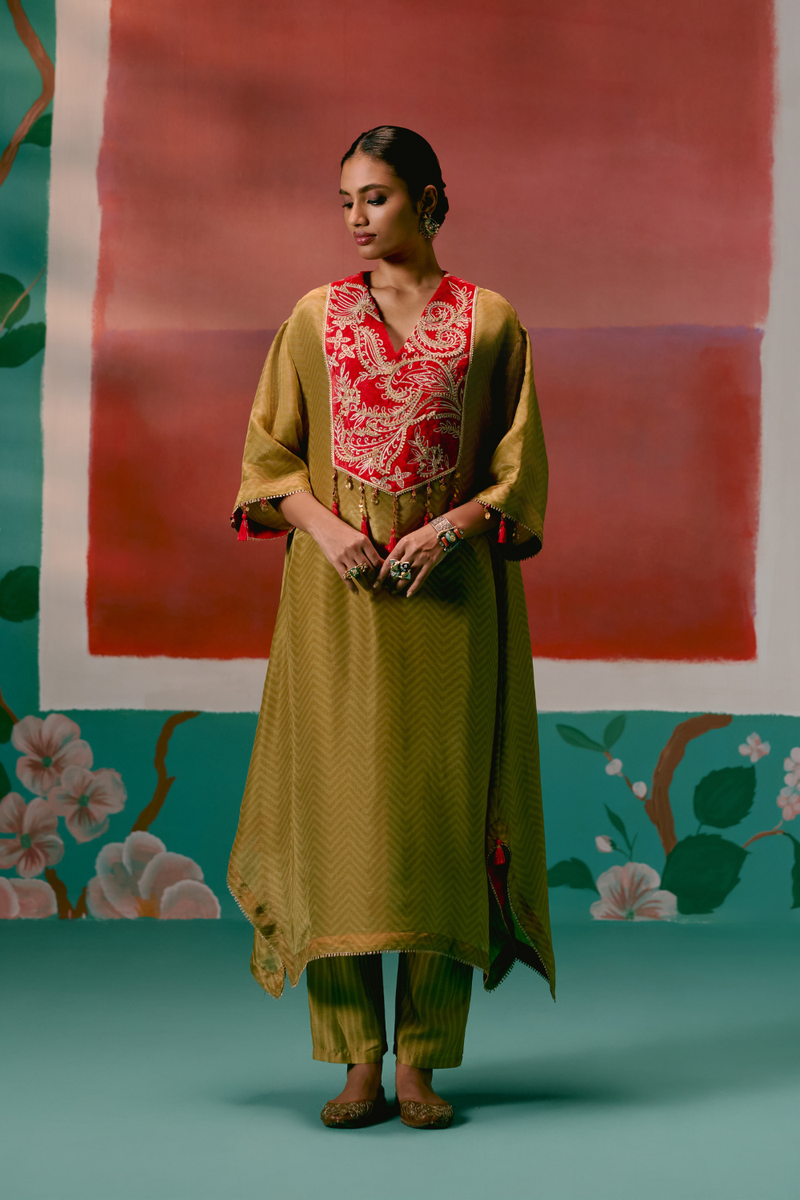 Mustard Tissue Kaftan Set tissue Buy Mustard Tissue Kaftan Set from C&W | Co-Ord Sets for Women by Label Mogra in mustard color for women in Singapore