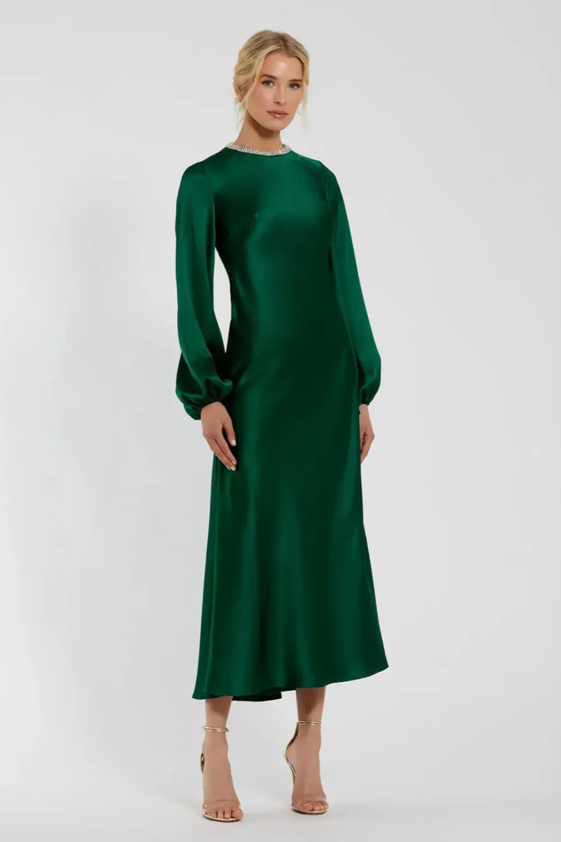 Green High Neck Long Sleeve Crystal Detail Dress satin by Mac Duggal for women in Singapore