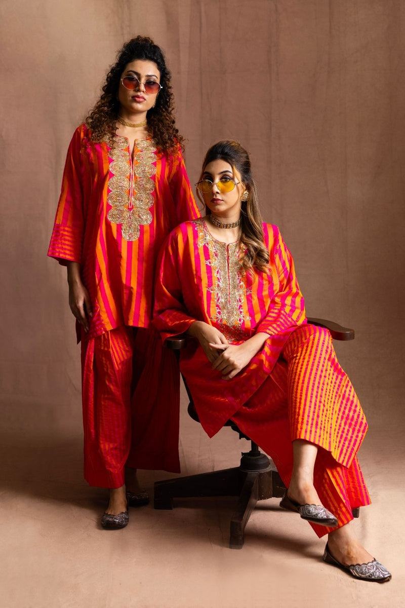 Silk Striped Farshi-Orange & Pink Stripes Pure Silk Kurta Set Sabo by Sabina — Canvas & Weaves Singapore