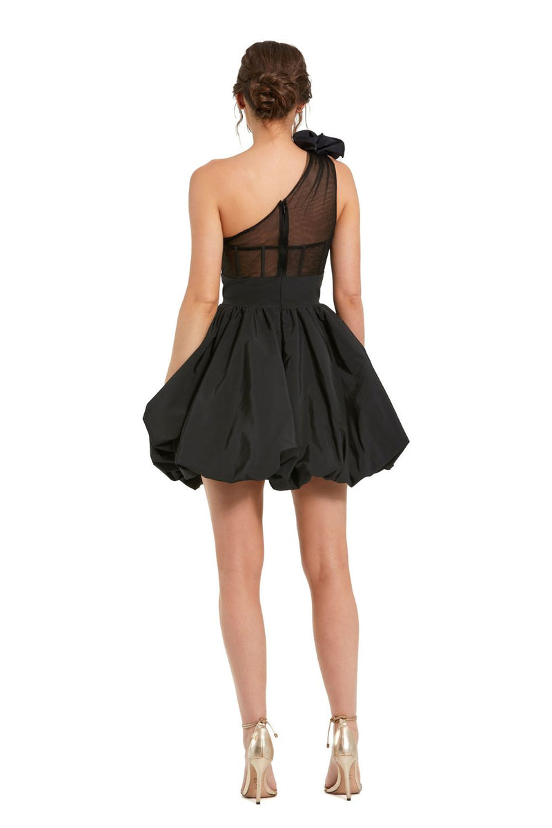 49858-Taffeta One Shoulder Ruffle Bubble Mini Dress by Mac Duggal in black color for women in Singapore