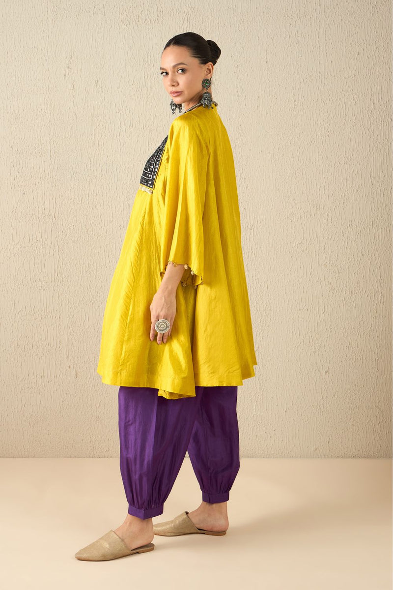 AFGHANI SILK SET - Yellow upper, Purple pants silk by Aavidi in yellow color for women in Singapore