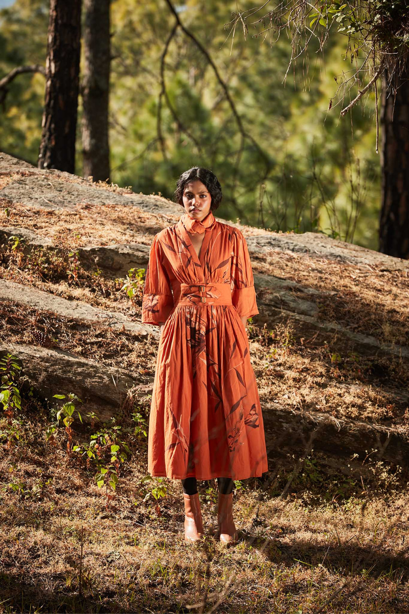 Sunset in the mountains dress cotton by Khara Kapas in orange for women in Singapore