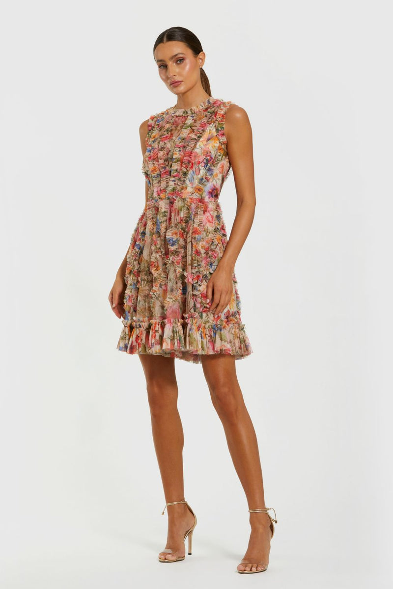 8307-Mesh Micro Ruffle High Neck Mini Dress by Mac Duggal for women in Singapore