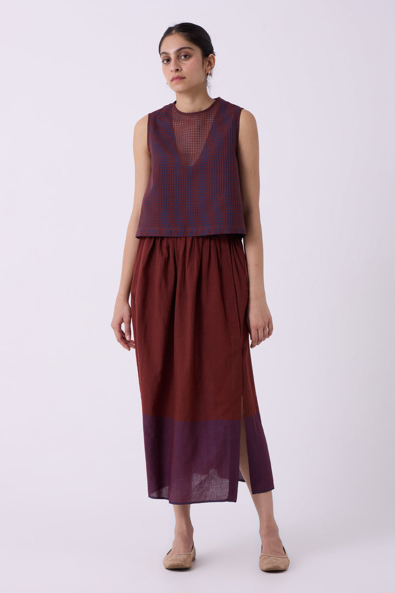 Fuwari Brown Colourblocked Handwoven Midi Skirt handwoven cotton skirt by The Summer House in brown for women in Singapore