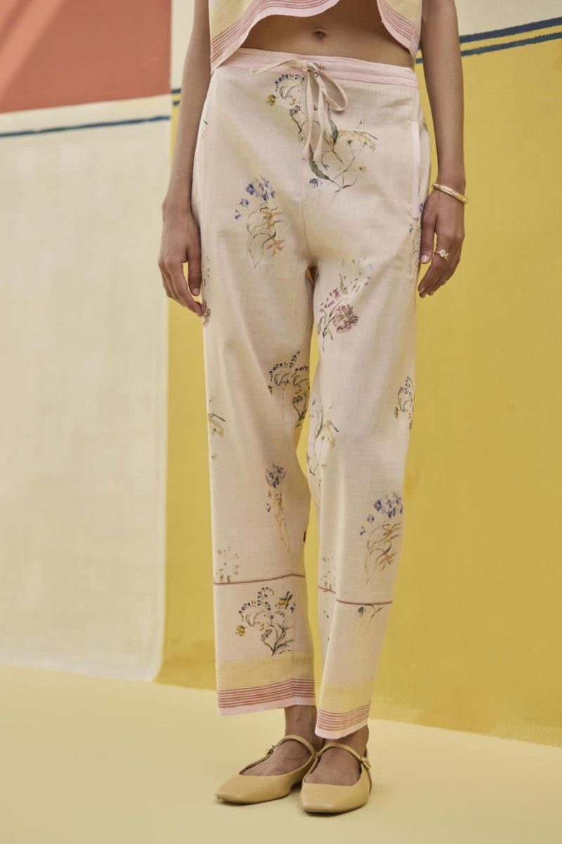 Ema Watercolour Floral Linen Pant - Sand linen by Manan in natural color for women in Singapore