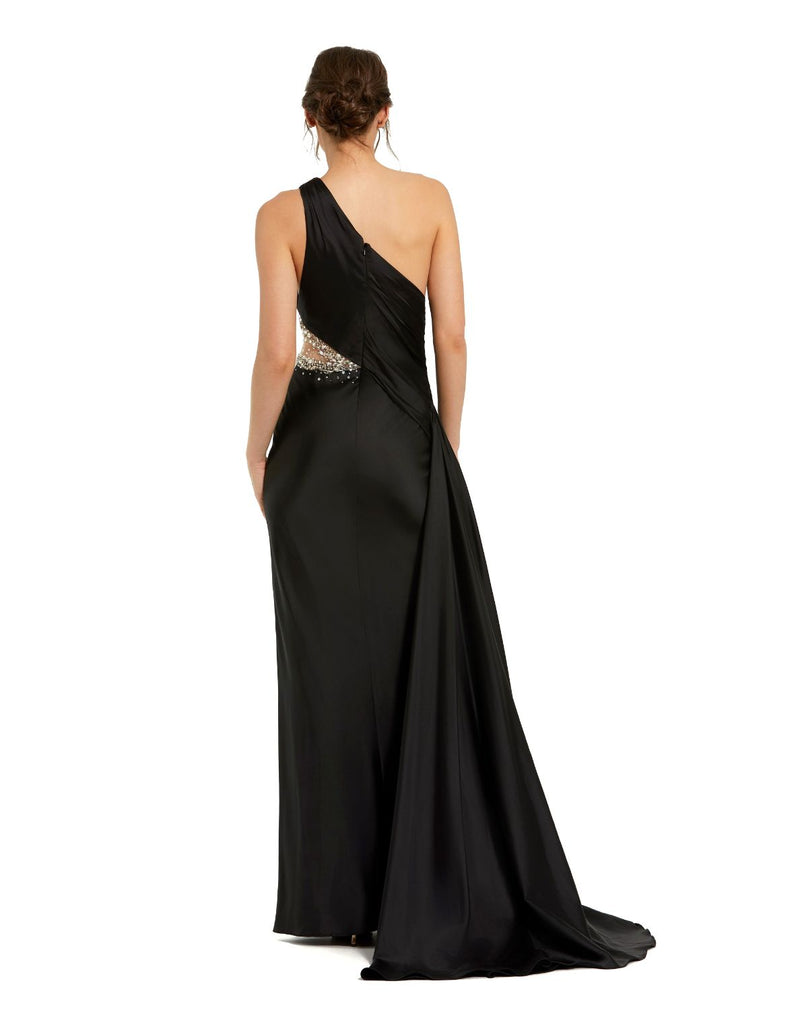 2210 - Black One Shoulder Charmeuse Gown With Beaded Cutout by Mac Duggal in black color for women in Singapore