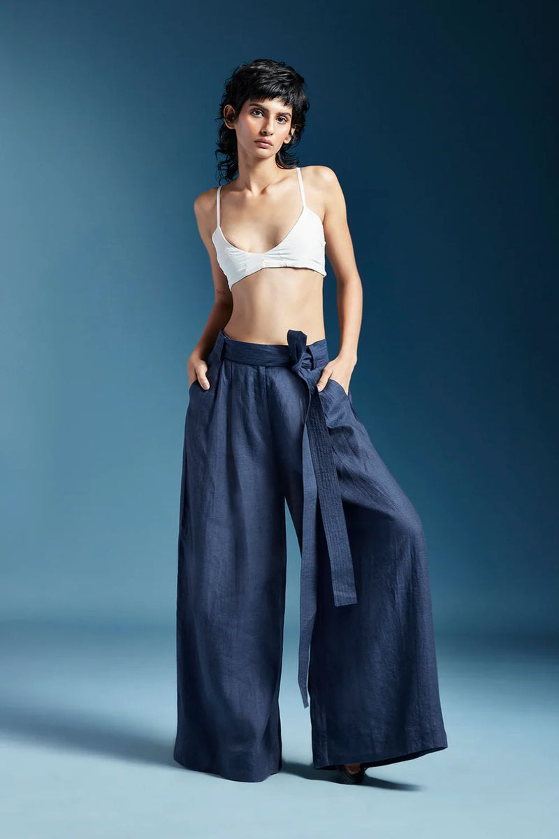 Skye Trousers-Midnight Blue linen by Chola in blue color for women in Singapore