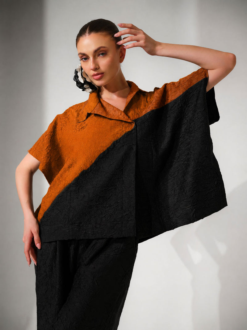 Emerge Overlay-Ochre + Black crushed silk jacktes and overlays by Stoique in ochre, black for women in Singapore