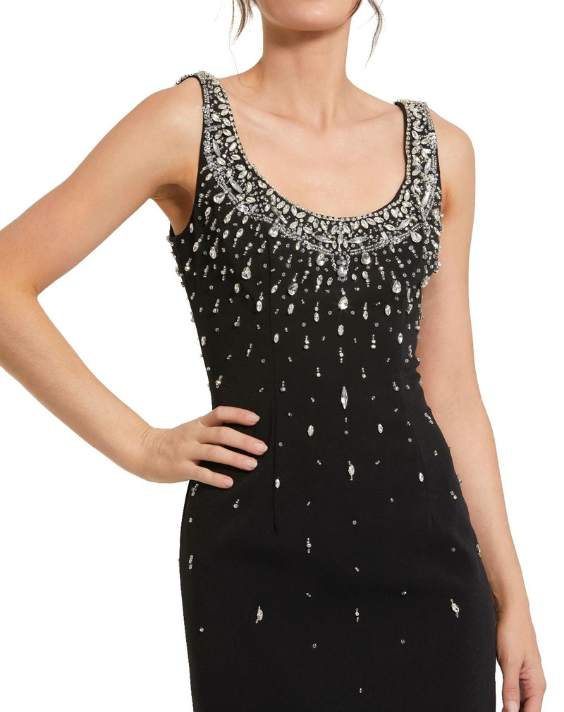 2259-Black Beaded Crepe Scoop Neck Sleeveless Midi Dress by Mac Duggal in black color for women in Singapore