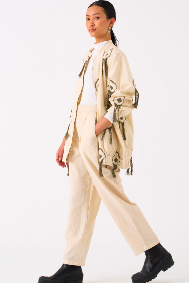 FRINGE BOMBER JACKET CO-ORD 
(SET OF 2)-IVORY by THREE in ivory color for women in Singapore