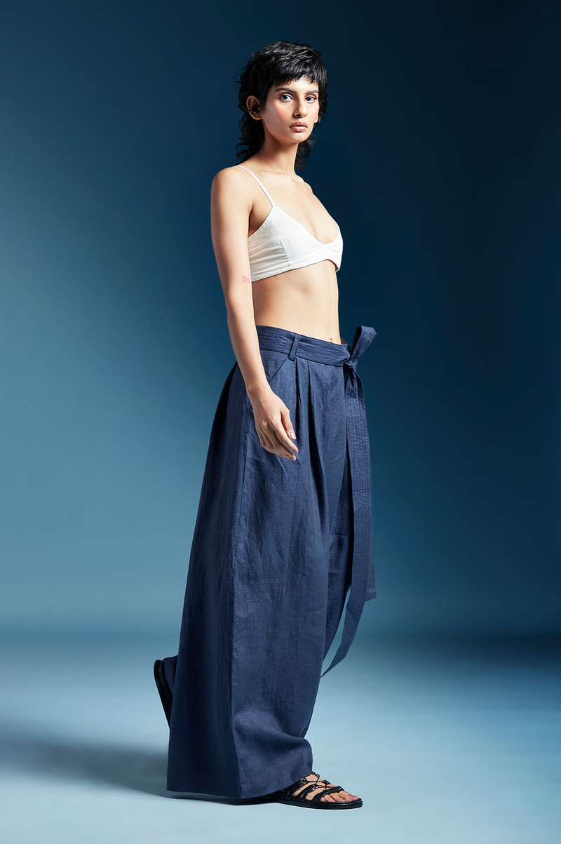 Skye Trousers-Midnight Blue linen by Chola in blue color for women in Singapore