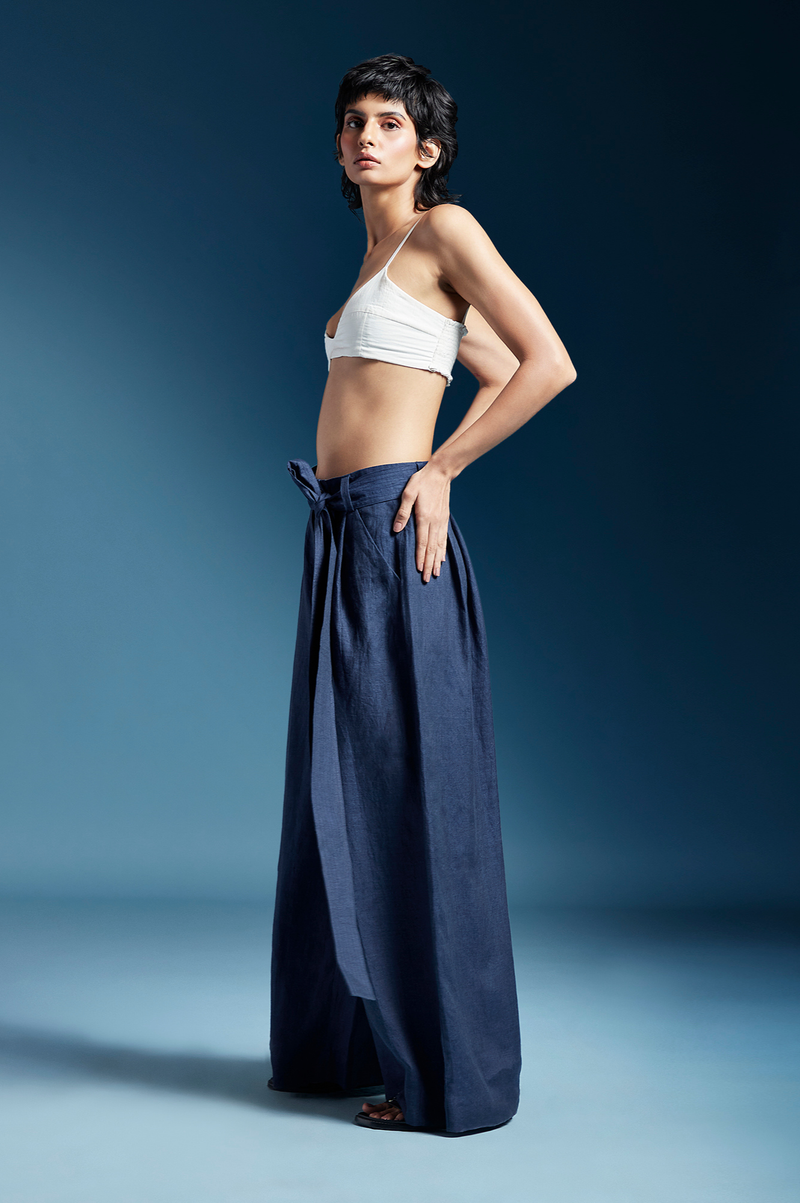 Skye Trousers-Midnight Blue linen by Chola in blue color for women in Singapore