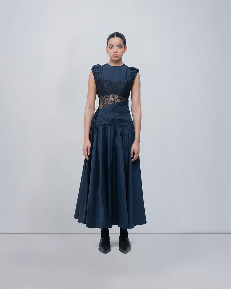 Anais Draped Dress viscose by Leh Studios in blue, black for women in Singapore