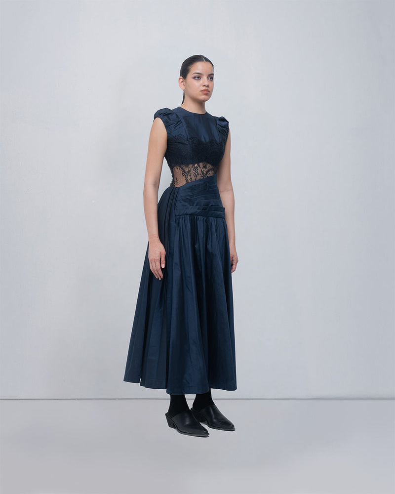 Anais Draped Dress viscose by Leh Studios in blue, black for women in Singapore