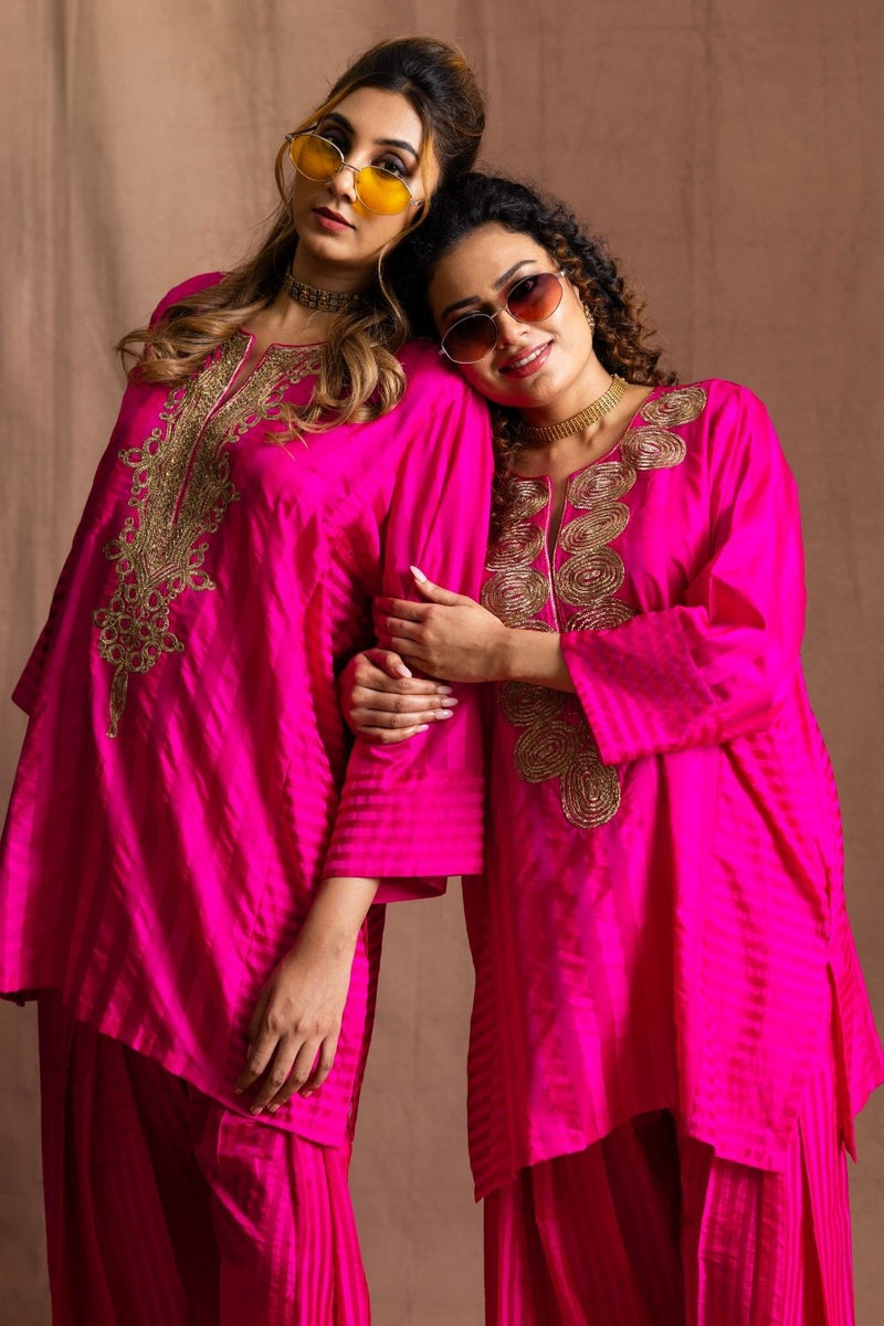 Silk Striped Farshi-Pink Stripes Pure Silk Kurta Set Sabo by Sabina — Canvas & Weaves Singapore