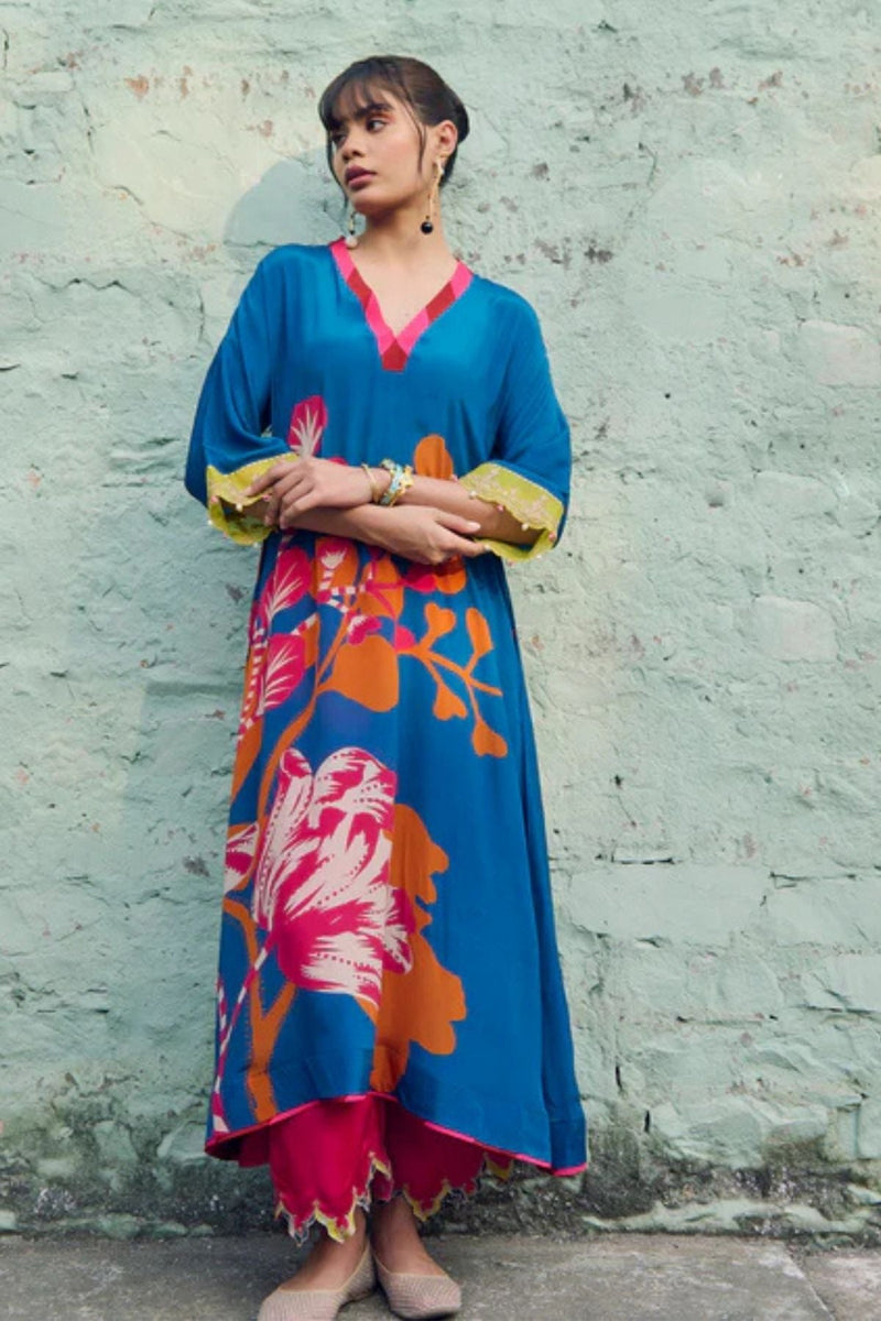 Safar Teal Blue Flower Printed Kaftan Kurta Set by Rajiramniq for women in Singapore