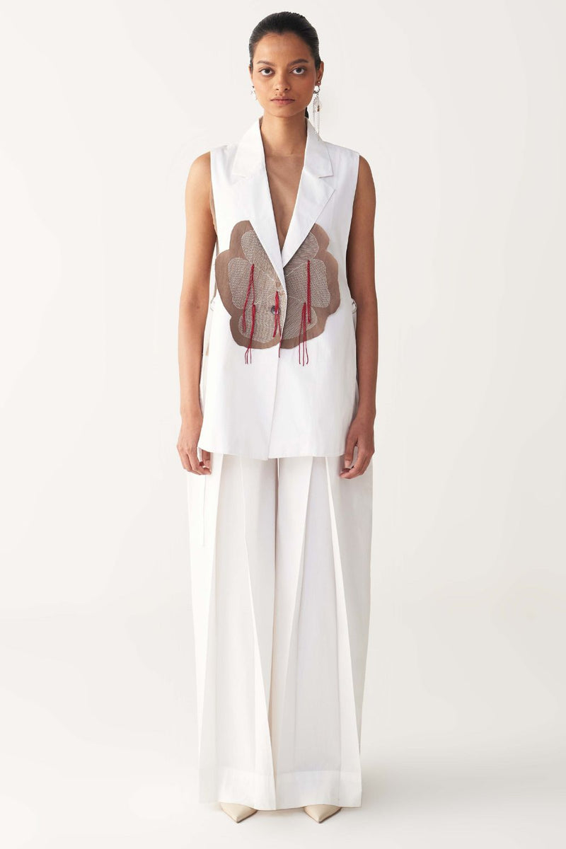 FLORAL FRINGE WAIST COAT-WHITE poplin by THREE in white color for women in Singapore