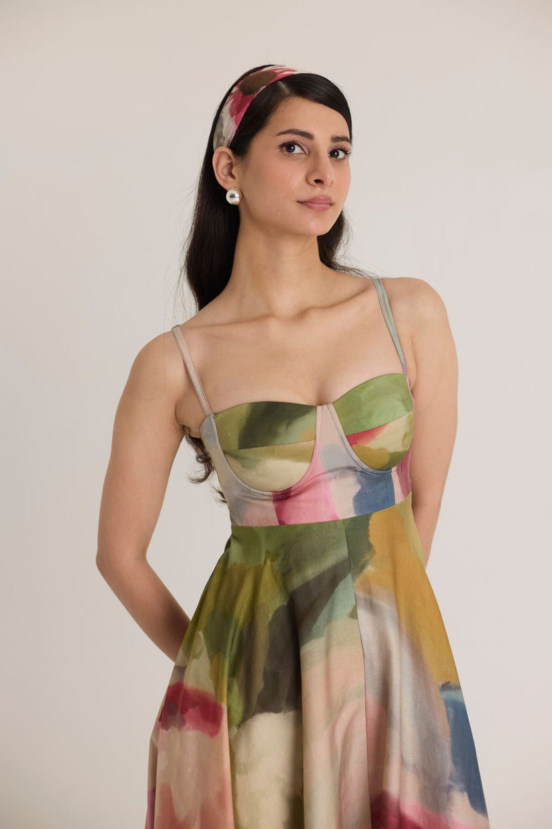 TILLY FLARED BRALETTE DRESS satin by Yam in multi color for women in Singapore