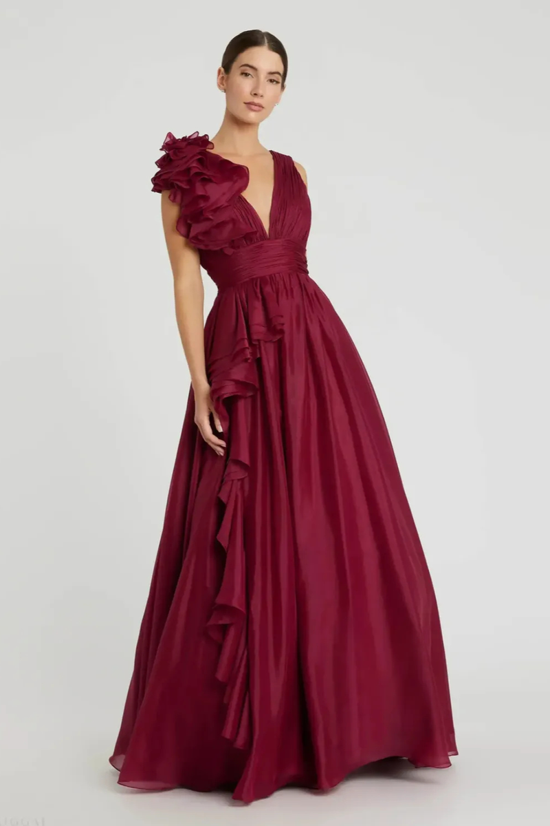 Burgundy Ruffle Shoulder V-Neck Chiffon Gown chiffon by Mac Duggal for women in Singapore