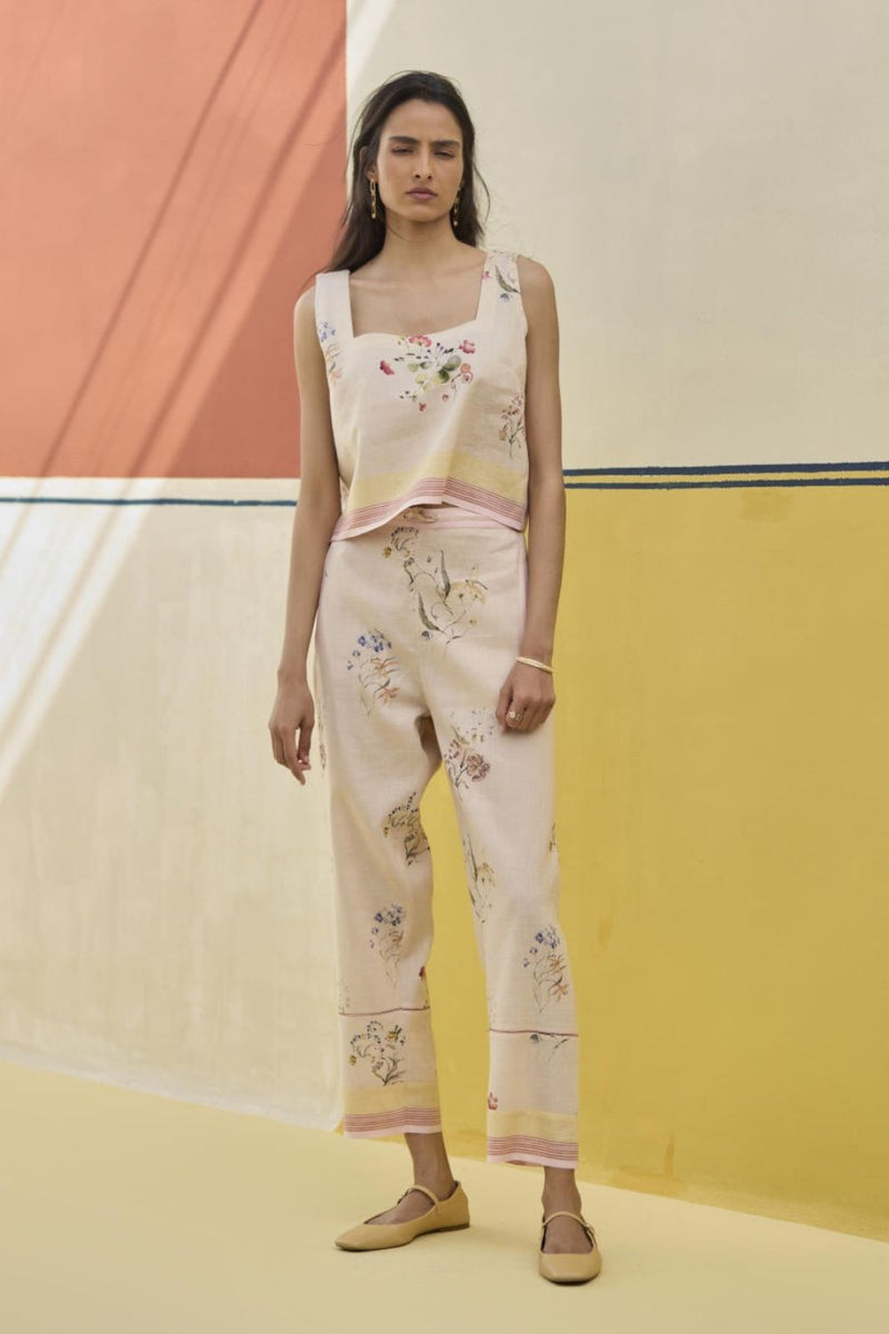 Ayaka Watercolor Floral Crop Top 
- Sand linen by Manan in natural color for women in Singapore
