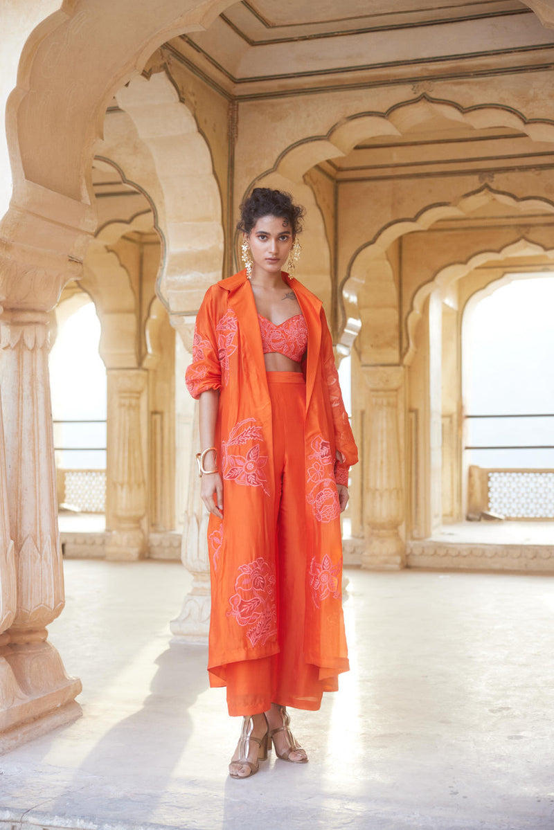 PH-2302 Blouse Jacket Trouser Set-Vemillion organza by Paulmi & Harsh for women in Singapore