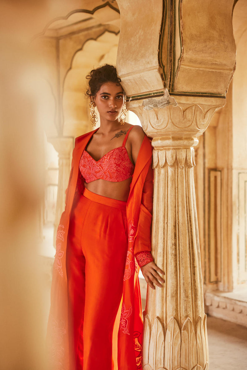 PH-2302 Blouse Jacket Trouser Set-Vemillion organza by Paulmi & Harsh for women in Singapore