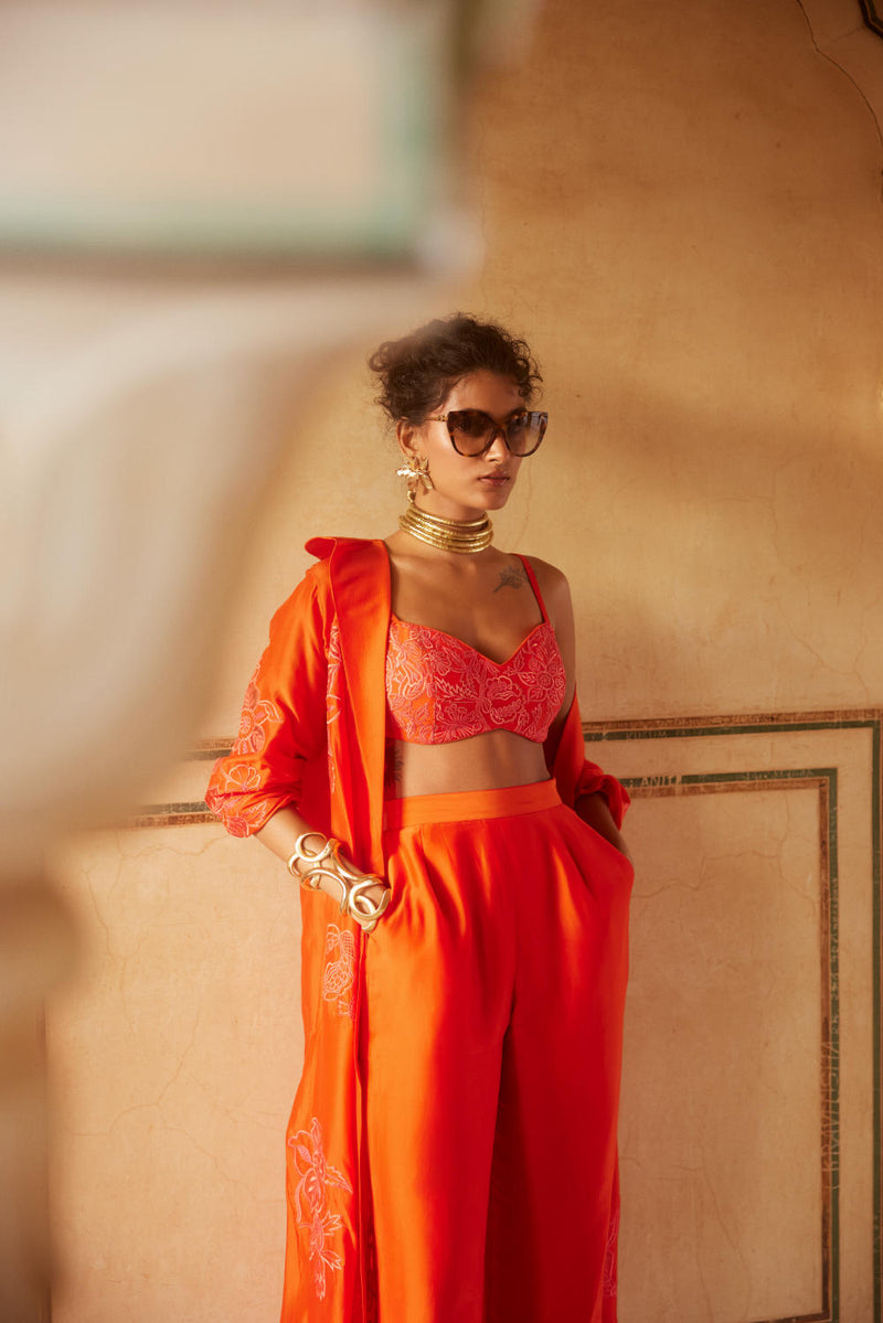 PH-2302 Blouse Jacket Trouser Set-Vemillion organza by Paulmi & Harsh for women in Singapore