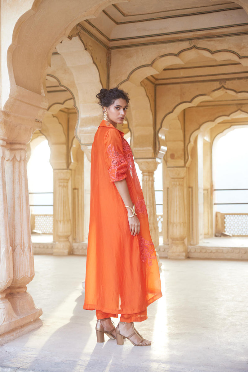 PH-2302 Blouse Jacket Trouser Set-Vemillion organza by Paulmi & Harsh for women in Singapore