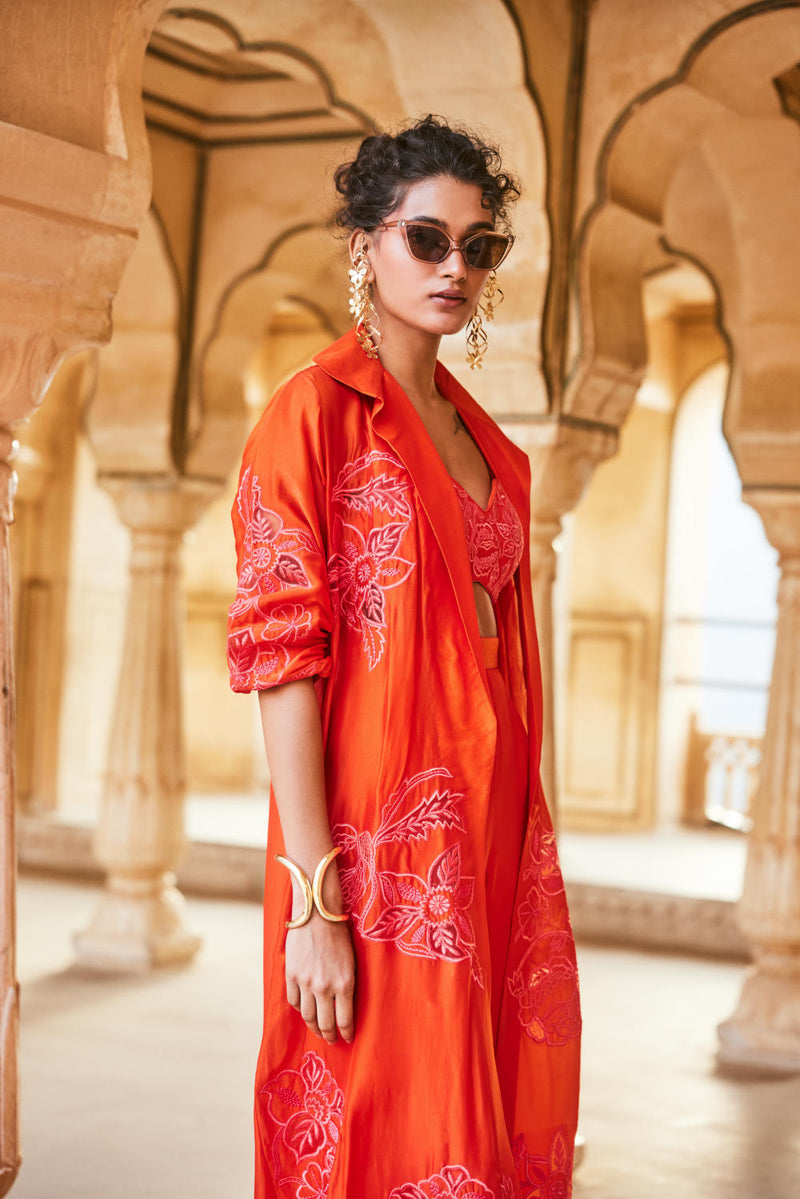 PH-2302 Blouse Jacket Trouser Set-Vemillion organza by Paulmi & Harsh for women in Singapore