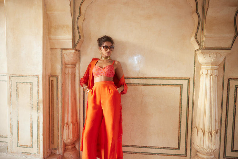PH-2302 Blouse Jacket Trouser Set-Vemillion organza by Paulmi & Harsh for women in Singapore