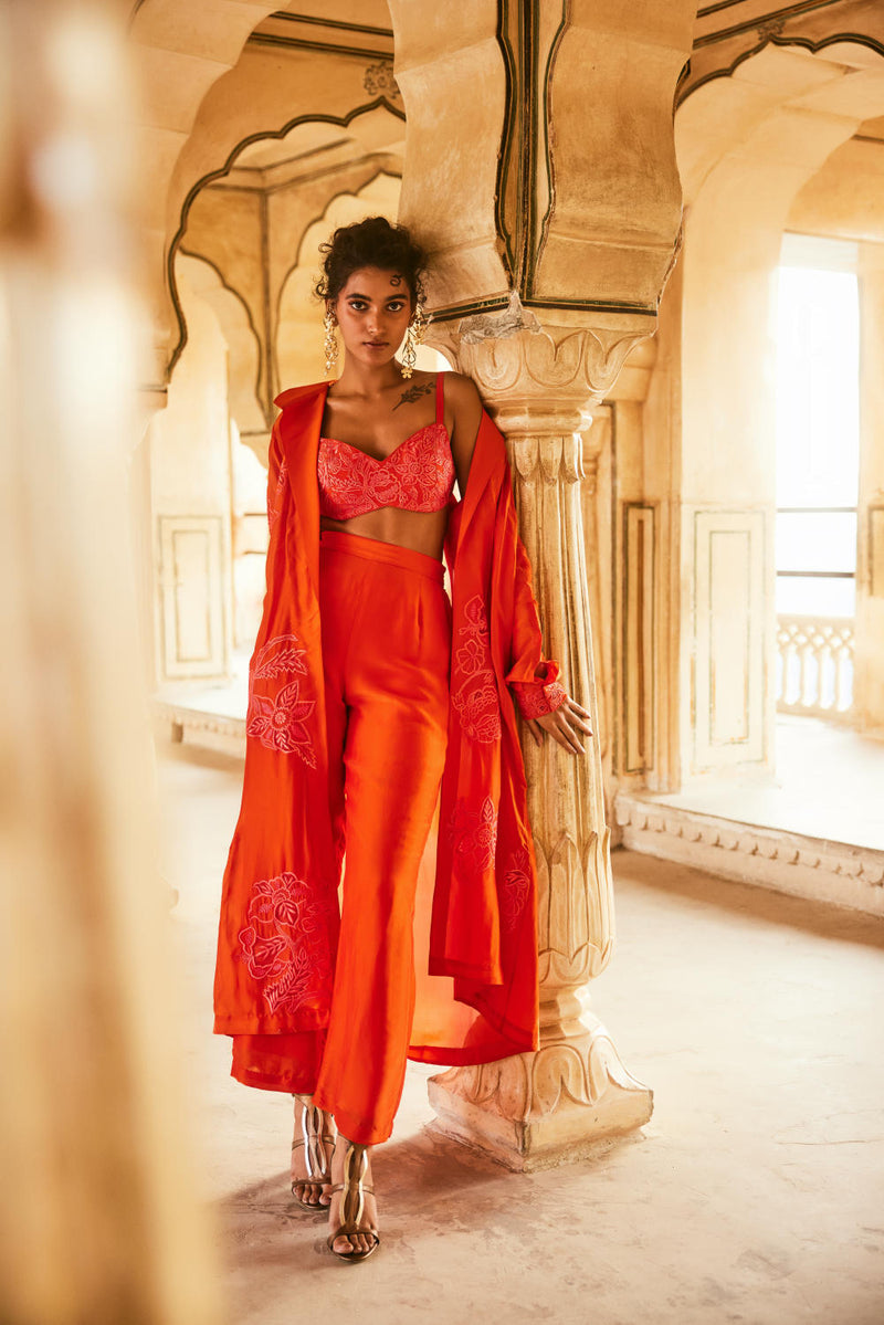 PH-2302 Blouse Jacket Trouser Set-Vemillion organza by Paulmi & Harsh for women in Singapore