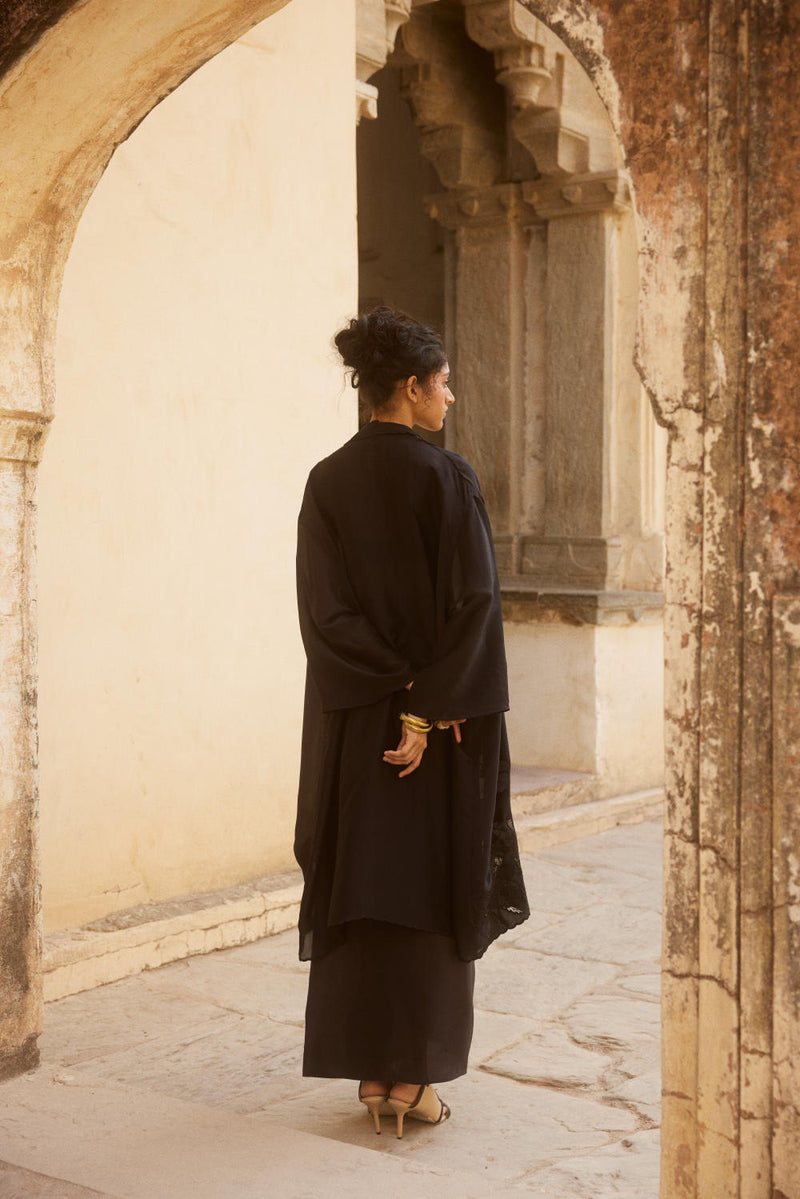 PH-2303 Blouse Skirt Jacket Set-Black organza by Paulmi & Harsh in black color for women in Singapore