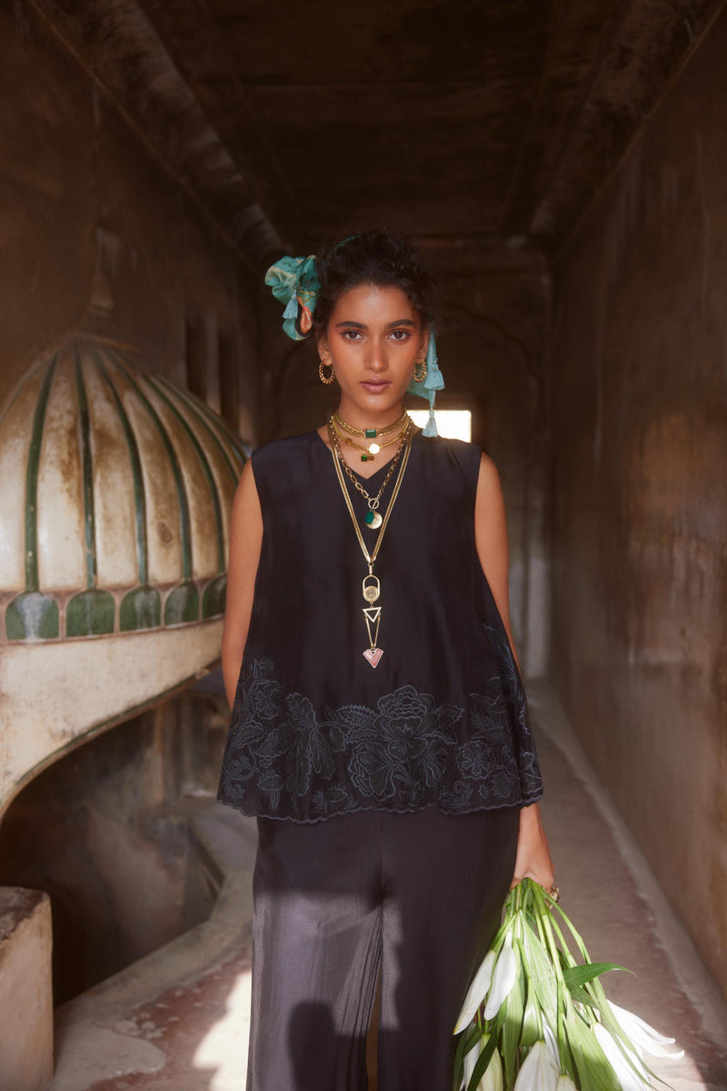 PH-2304 Top Trouser Set-Black organza by Paulmi & Harsh in black color for women in Singapore