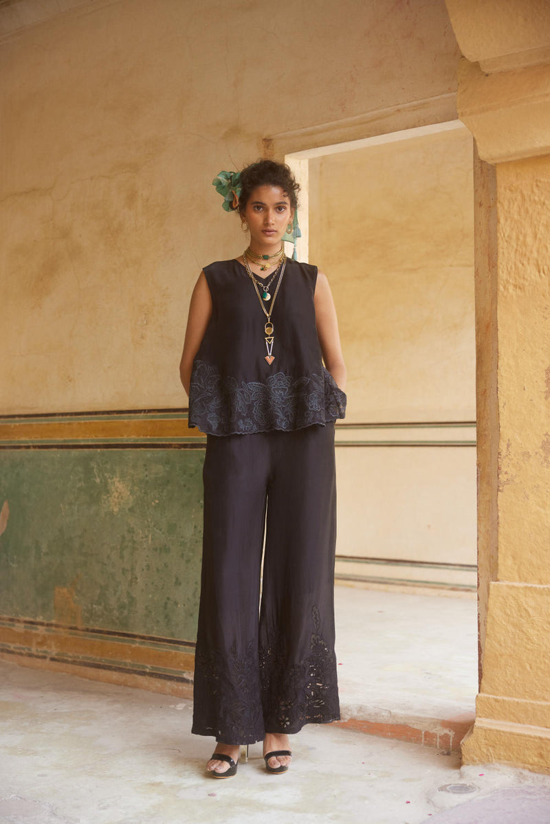 PH-2304 Top Trouser Set-Black organza by Paulmi & Harsh in black color for women in Singapore