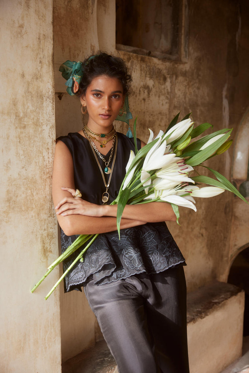 PH-2304 Top Trouser Set-Black organza by Paulmi & Harsh in black color for women in Singapore