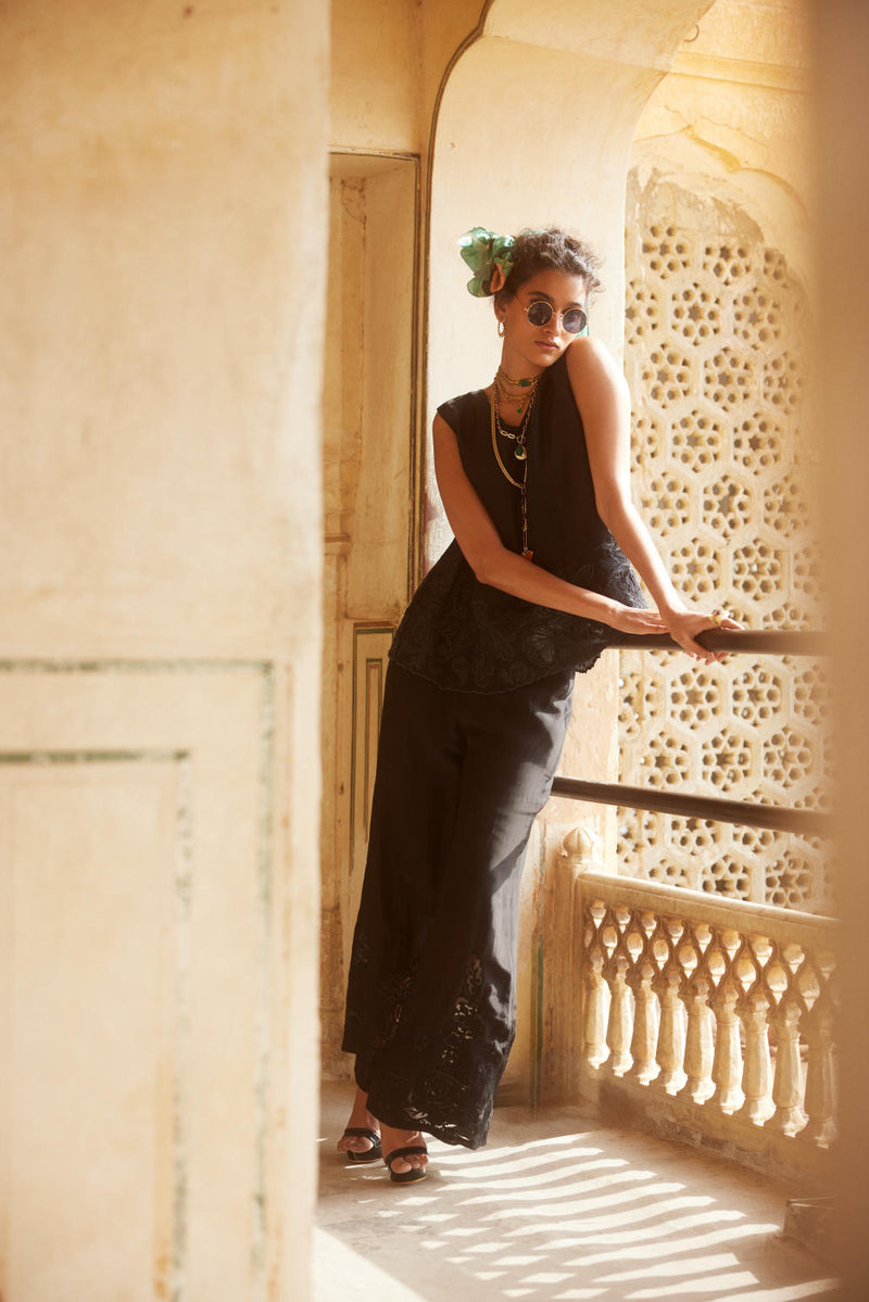 PH-2304 Top Trouser Set-Black organza by Paulmi & Harsh in black color for women in Singapore