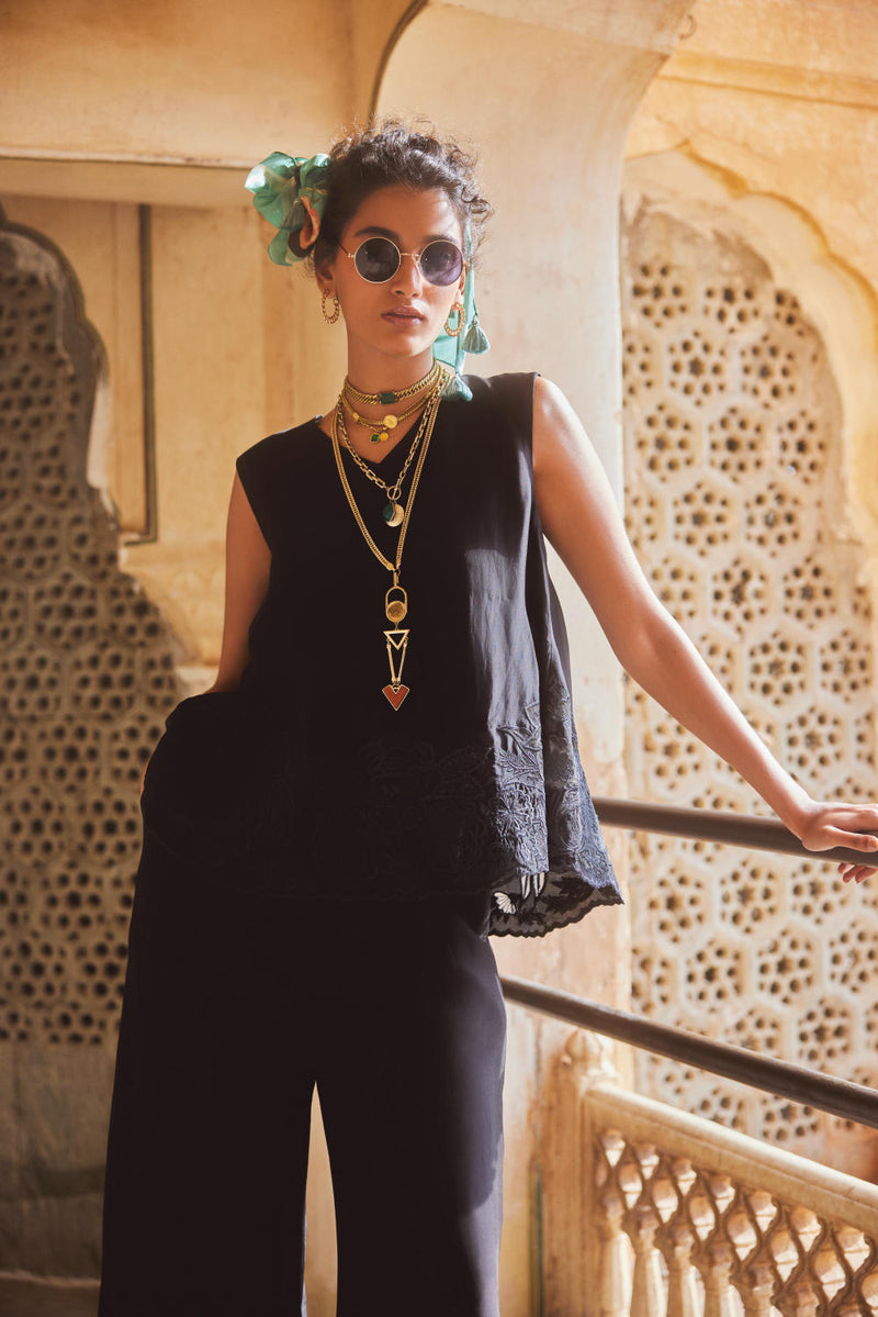 PH-2304 Top Trouser Set-Black organza by Paulmi & Harsh in black color for women in Singapore
