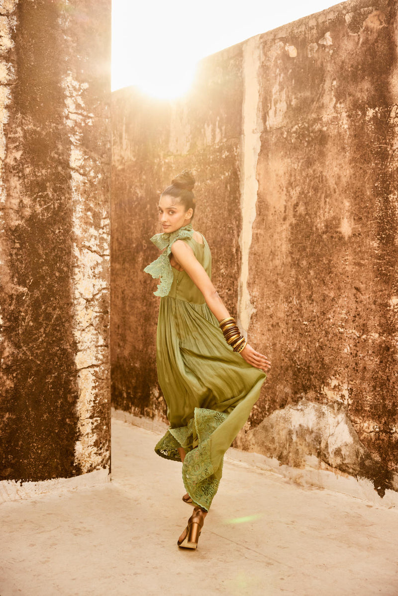 PH-2306 
Maxi 
Scarf Set-Sage green organza by Paulmi & Harsh in green color for women in Singapore