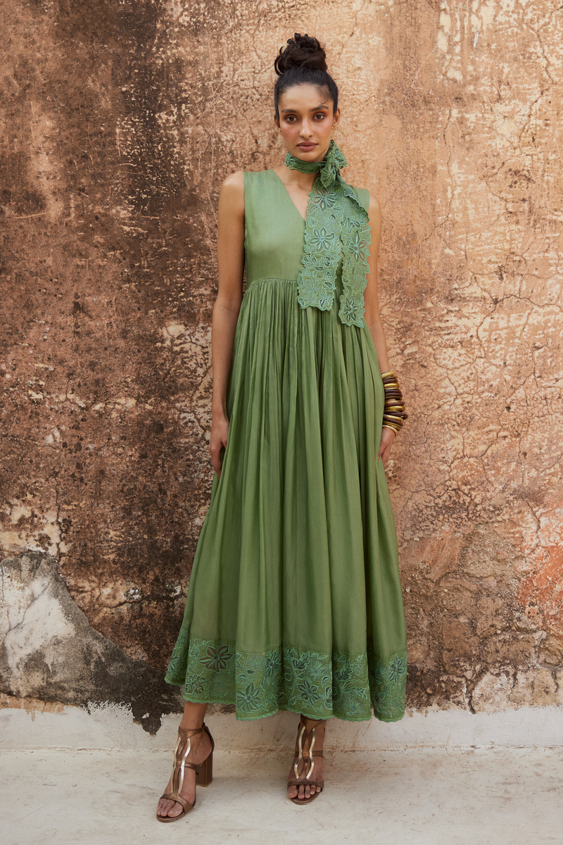 PH-2306 
Maxi 
Scarf Set-Sage green organza by Paulmi & Harsh in green color for women in Singapore