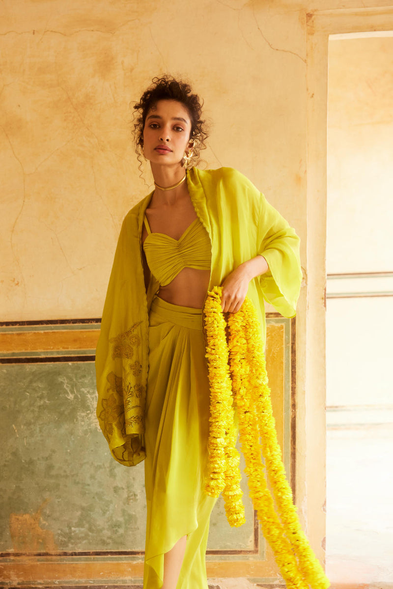 PH-2308 Cape Blouse Skirt Set-Lime yellow organza by Paulmi & Harsh in yellow color for women in Singapore