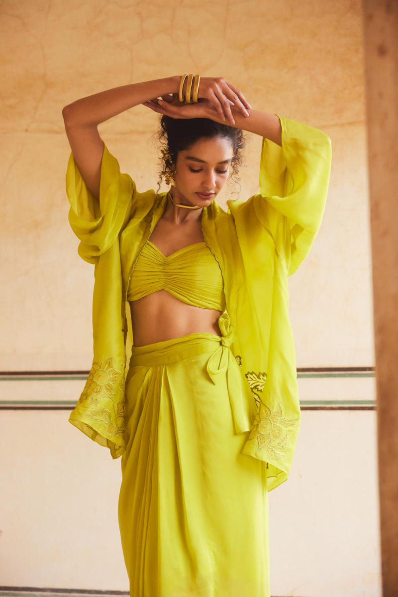 PH-2308 Cape Blouse Skirt Set-Lime yellow organza by Paulmi & Harsh in yellow color for women in Singapore