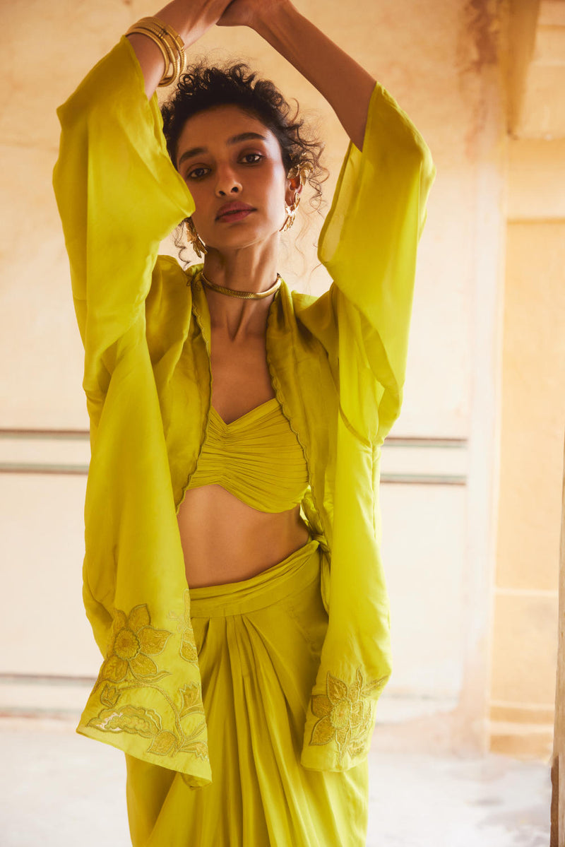 PH-2308 Cape Blouse Skirt Set-Lime yellow organza by Paulmi & Harsh in yellow color for women in Singapore