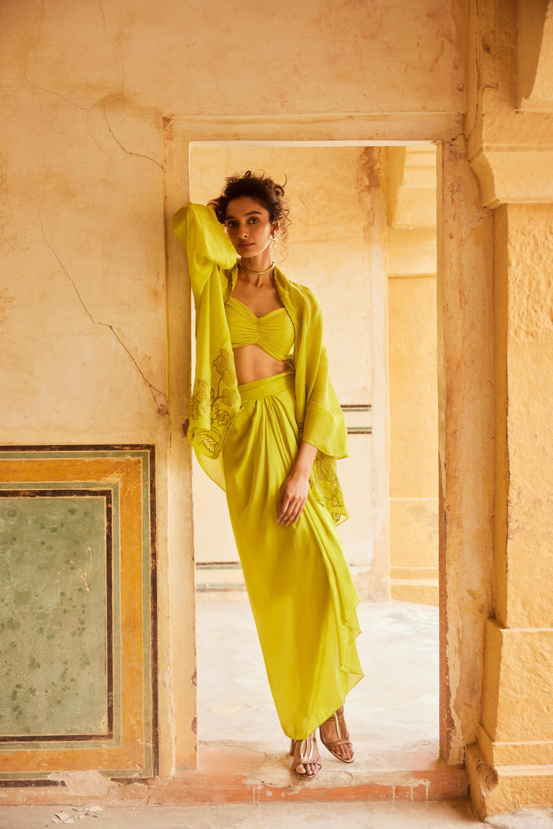 PH-2308 Cape Blouse Skirt Set-Lime yellow organza by Paulmi & Harsh in yellow color for women in Singapore
