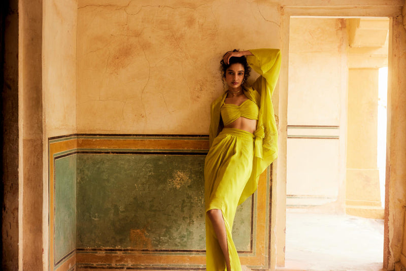 PH-2308 Cape Blouse Skirt Set-Lime yellow organza by Paulmi & Harsh in yellow color for women in Singapore
