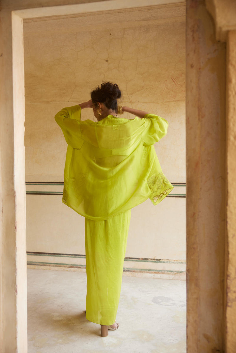 PH-2308 Cape Blouse Skirt Set-Lime yellow organza by Paulmi & Harsh in yellow color for women in Singapore