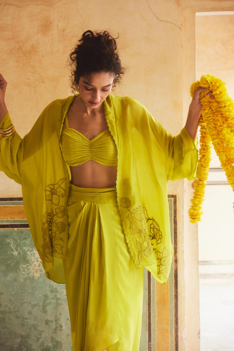 PH-2308 Cape Blouse Skirt Set-Lime yellow organza by Paulmi & Harsh in yellow color for women in Singapore