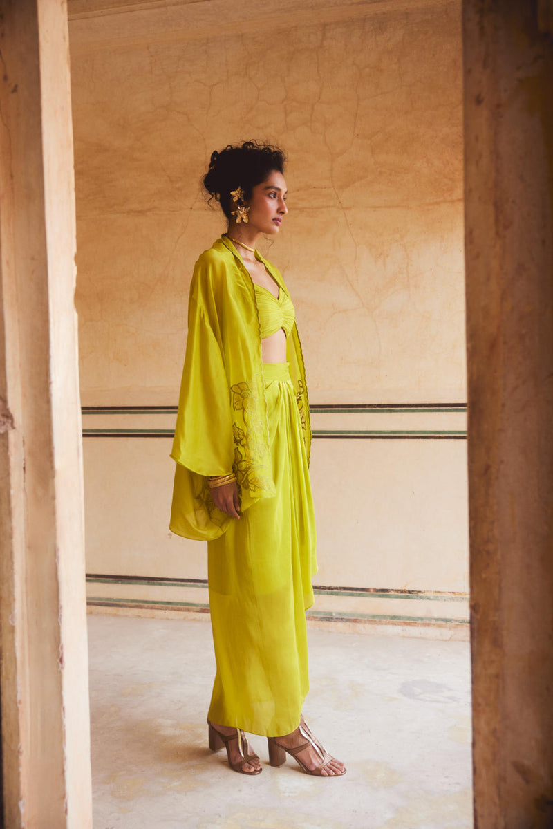 PH-2308 Cape Blouse Skirt Set-Lime yellow organza by Paulmi & Harsh in yellow color for women in Singapore