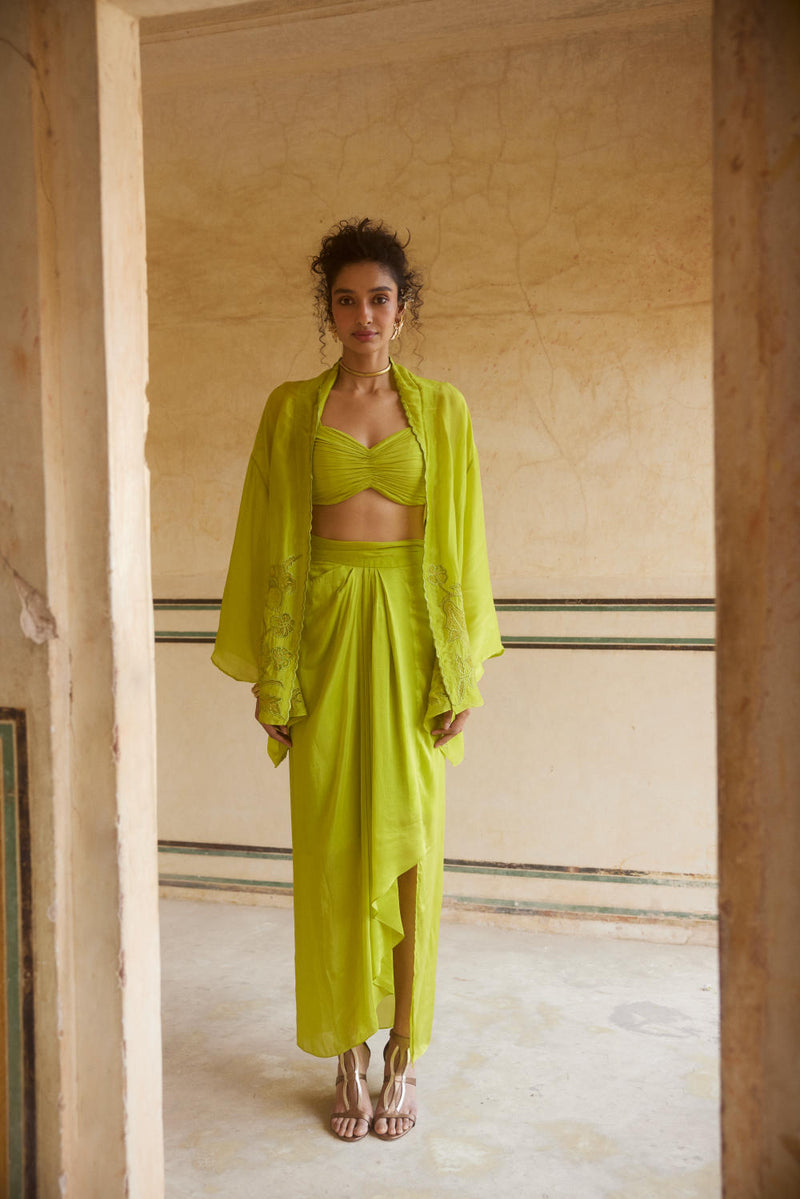 PH-2308 Cape Blouse Skirt Set-Lime yellow organza by Paulmi & Harsh in yellow color for women in Singapore