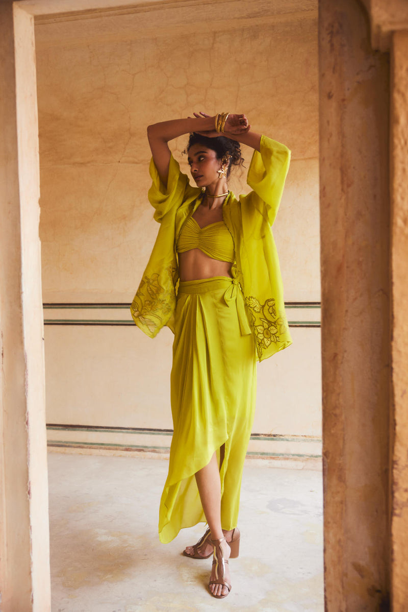 PH-2308 Cape Blouse Skirt Set-Lime yellow organza by Paulmi & Harsh in yellow color for women in Singapore